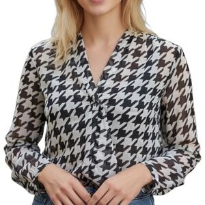 Karen Kane Houndstooth Sheer Blouse Top Sz L Black White Long Sleeve Made in USA